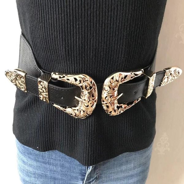 

new wide vintage for women gold double buckle faux retro pu leather western belt straps accessory y200501, Black;brown