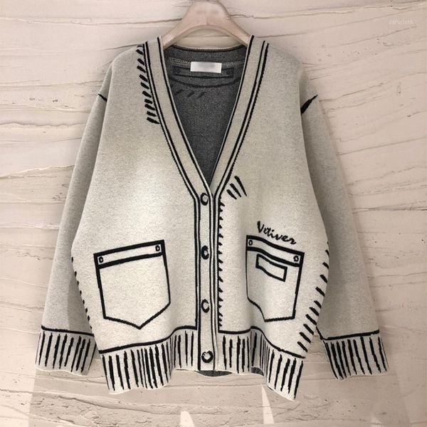 

autumn winter 2021 loose full v neck single breasted sweater women jacket cardigan1, White