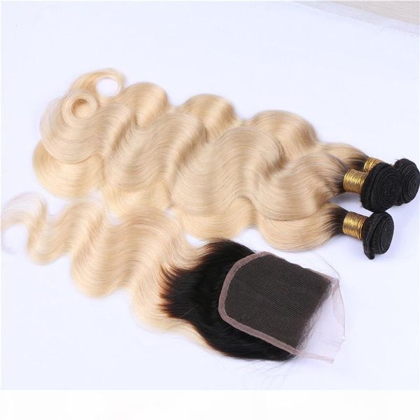 

#1b 613 blonde ombre peruvian human hair 3bundles with closure 4pcs lot dark roots golden blonde ombre 4x4 lace closure with weaves, Black