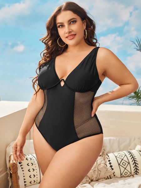 

plus contrast fishnet underwire one piece swimsuit p79v#, Black
