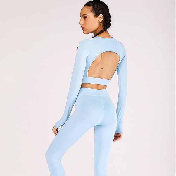 

autumn winter 2020 long sleeved fitness sweatshirt two piece set and pants backless sweat suit women workout tracksuit1, Gray