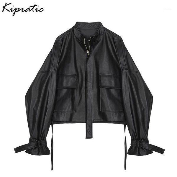 

women's leather & faux loose turn-down collar jacket female short spring pockets black coat streetwear outwear1