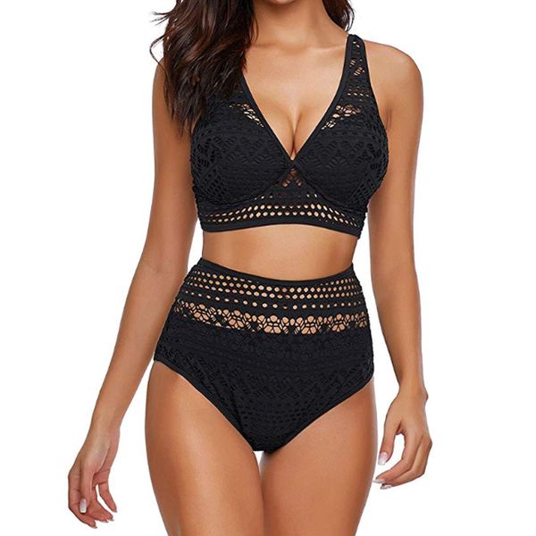 

black blue lace high waist swimsuit bikini set 2020 solid bikinis women push up swimwear banting suit swim suits beachwear t200708, White;black