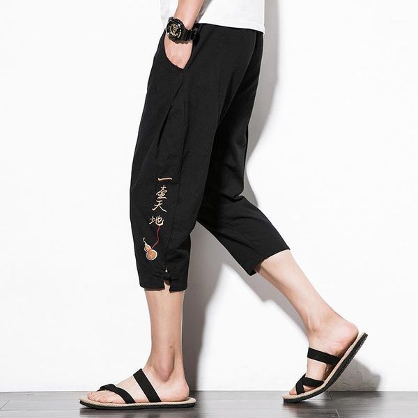 

chinese style embroidery calf-length pants men jogger hip hop pants men trousers1, Black