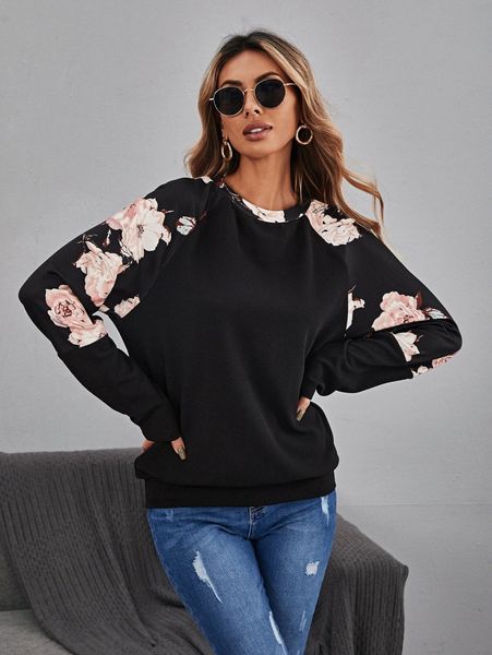 

floral print raglan sleeve pullover 298a#, White;black