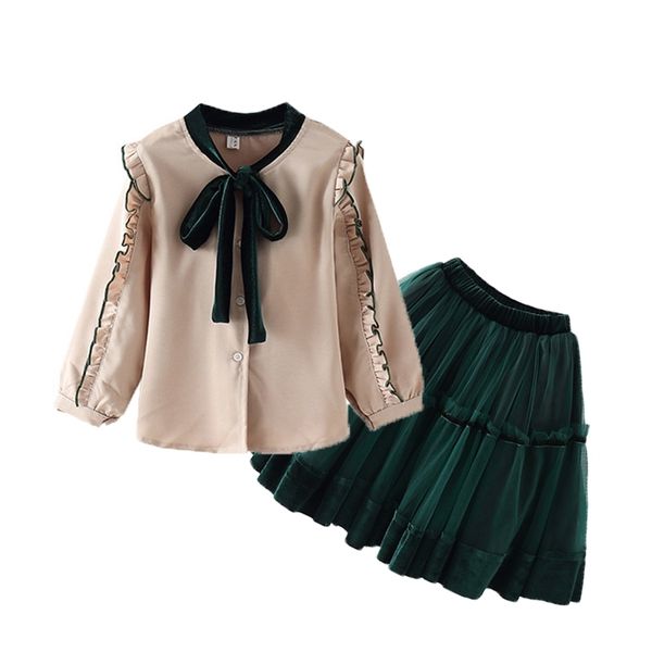 

girl bow set children's clothing new big children dresses+shirts 2 pieces sets kid school clothes princess 3t-12 years y200325, White