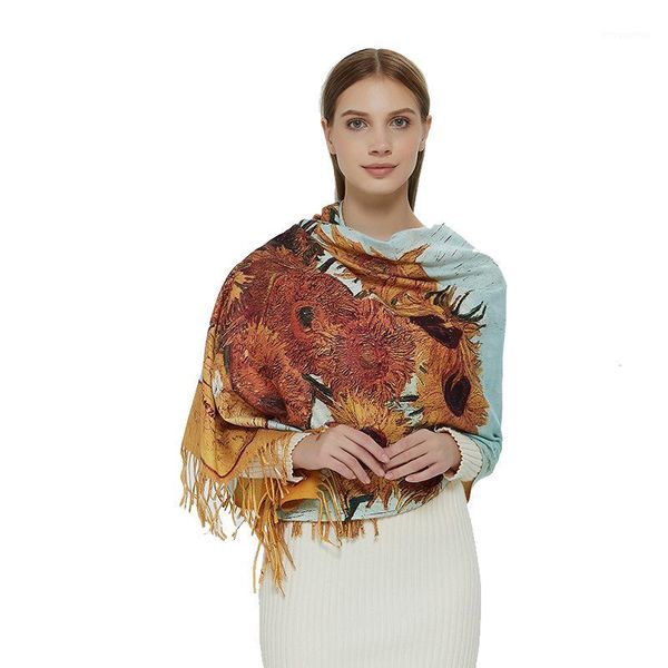 

designer new women winter cashmere scarf shawl digital painted shawl spring gogh oil painting ladies blanket scarf1, Blue;gray