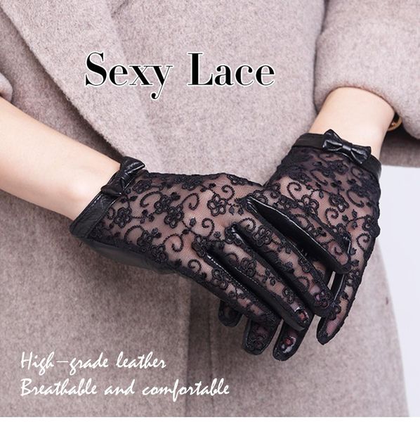 

fashion women's leather gloves spring and autumn thin sheepskin black lace gloves bow women's gloves bbyaqx
