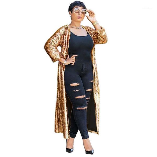 

sparkly gold sequin cardigan women autumn 2021 open front long cardigan coat party glitter long trench coat outwear for women1, Tan;black