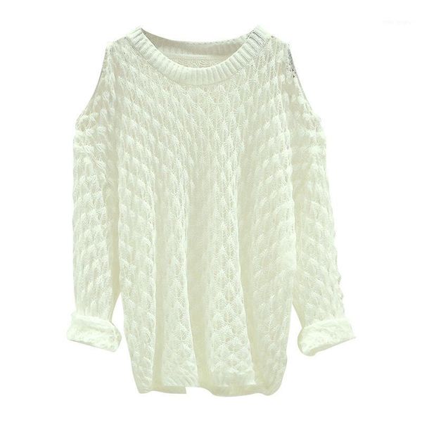 

2020 autumn and winter new korean style hollow off-shoulder knitted loose long-sleeved sweater women1, White;black