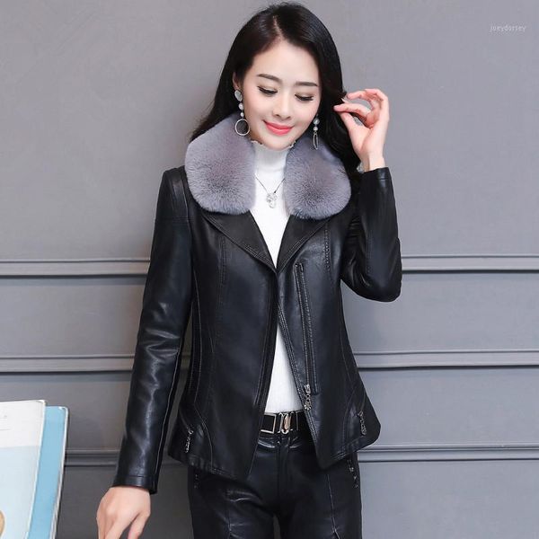 

kmetram faux leather jacket autumn winter jacket women clothes 2020 fur collar streetwear women thicken coat plus size my1, Black