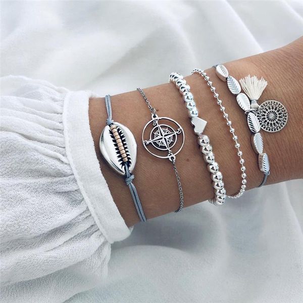 

letapi bohemian silver color heart compass tassel bead bracelet for woman dropshipping, Black