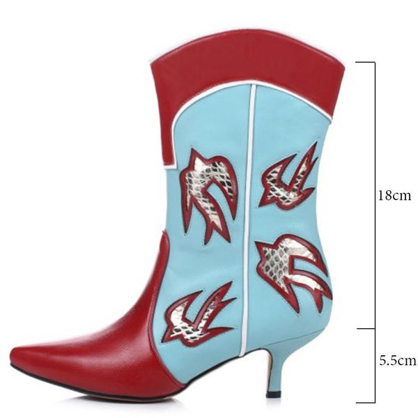 

boots western mid-calf mujer patchwork shoes cow leather embroidery lady women slip on kitten heels ethnic botas low, Black