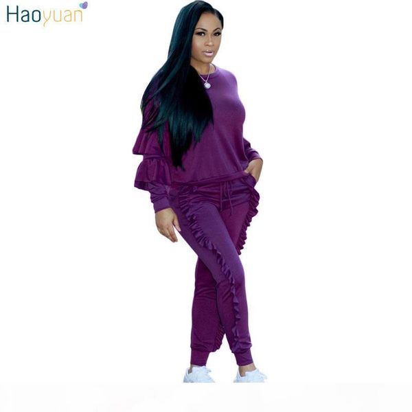 

women 2 piece set 2020 autumn winter sweatsuit long sleeve ruffle pants track suits casual tracksuits two piece set, White;black