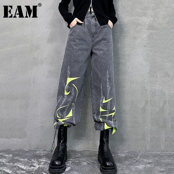 

eam] gray pattern printed long wide leg jeans new high waist loose women trousers fashion tide spring autumn 2020 1dd06111, Blue