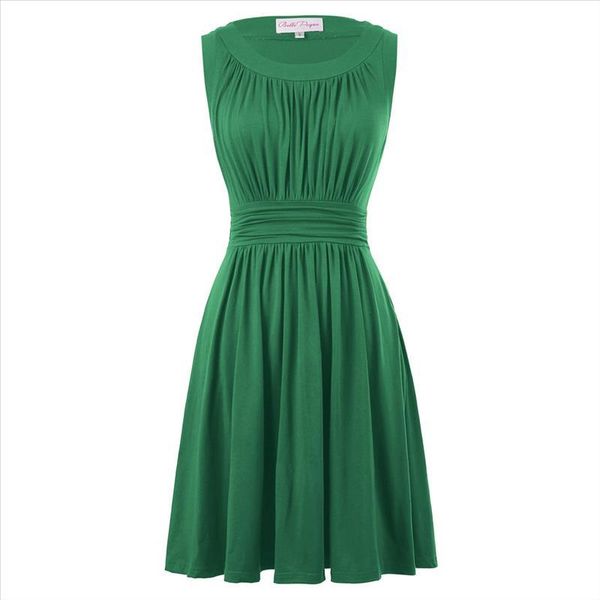 

women dress retro vintage pleated ruched design solid color dresses sleeveless crew neck cotton a-line dress elegant, Black;gray