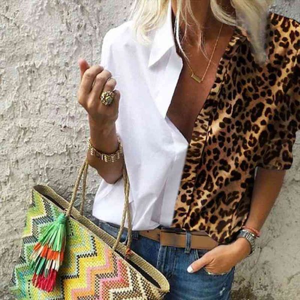 

women blouse summer v neck lapel leopard print contrast female long sleeve shirt casual loose ladies plus size, White