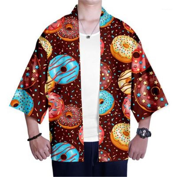 

kimono cardigan thin loose casual shirts man sweets shirt fashion 3d digital candy printing long sleeve clothing designer male, White;black