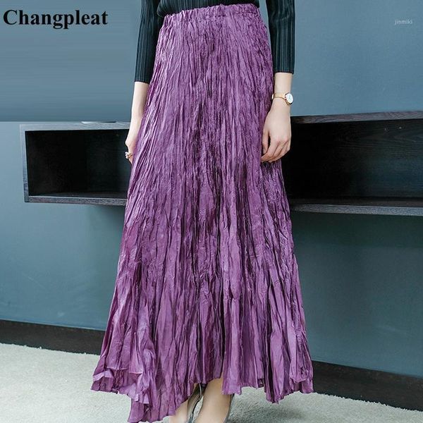 

changpleat spring summer women skirts miyak pleated fashion design solid elastic waist large size a-line female skirt tide s89081, Black