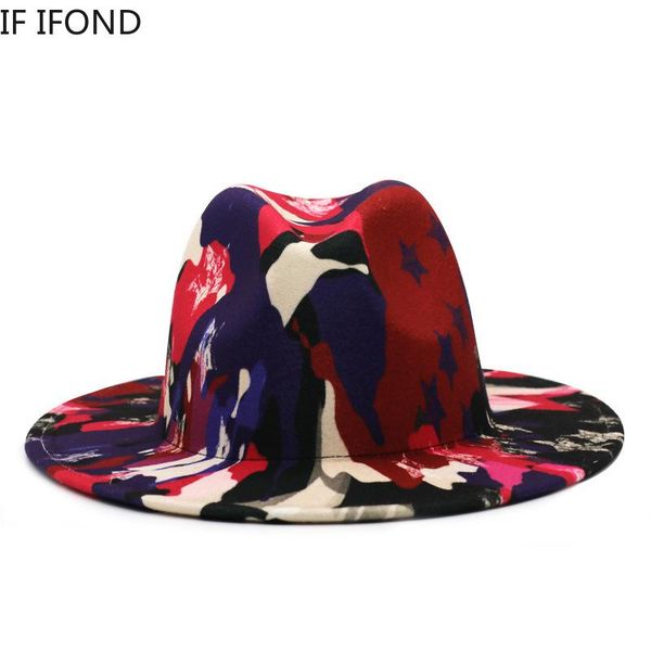 

wide brim hats british classic 2021 multicolor tie-dye hat wool felt fedora gentleman elegant lady panama, Blue;gray