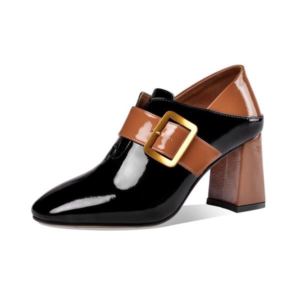 

kmeioo genuine leather thick high heel shoes women fashion patent leather pointed toe pumps buckles elegant shoes 7,5cm, Black
