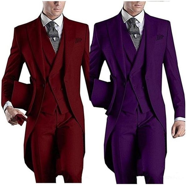 Resmi Özel Tasarım Beyaz / Siyah / Gri / Bordo / Mavi Tailcoat Erkekler Partisi Groomsmen Düğün Smokin Ceket + Pantolon + Yelek 201106 Için Suits