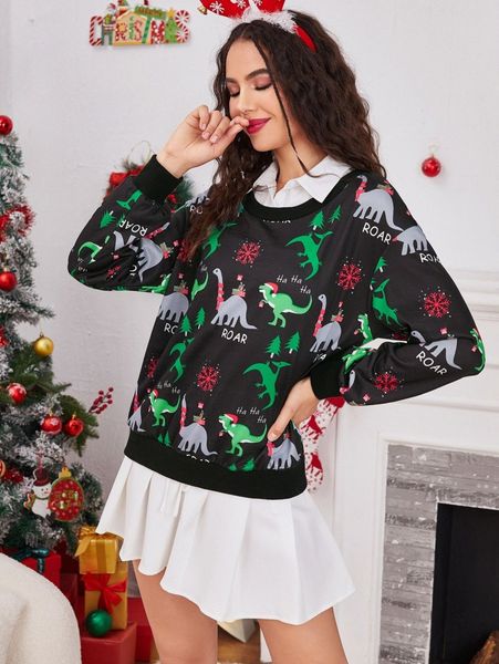 

christmas dinosaur print drop shoulder pullover 76jc#, White;black