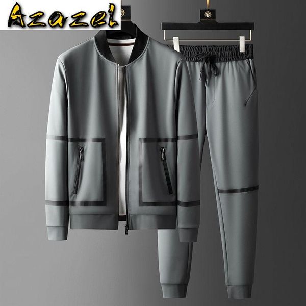 

azazel sport casual mens sets (sweatshirt+pants) luxury stand collar zipper man jackets elastic waist slim fit male pants 3xl, Gray