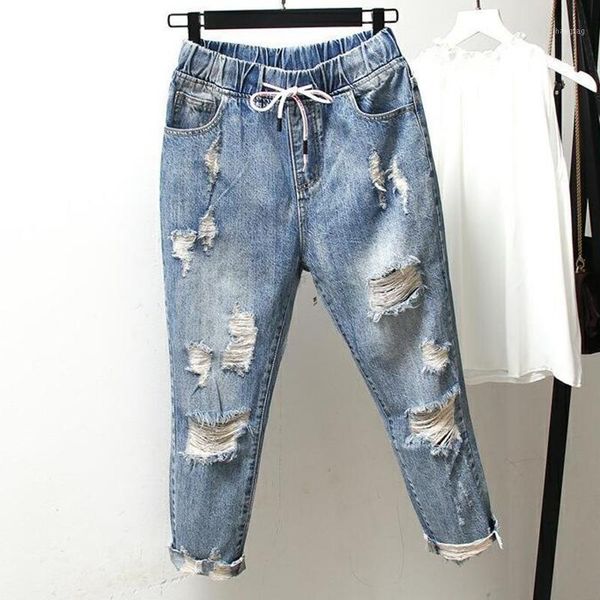 

plus size ripped jeans women vintage casual ankle-length denim pants new 2020 korean style high waist boyfriend jeans p7191, Blue