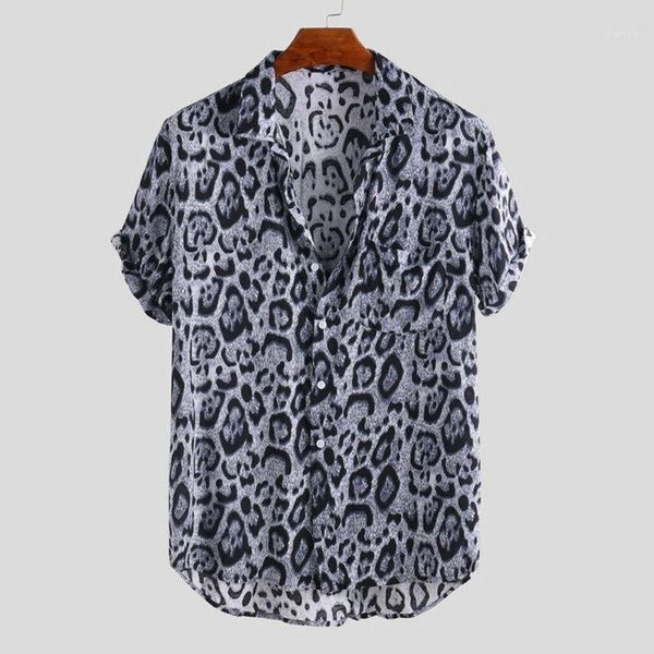 

adults men's leopard print short sleeve shirts new male casual holiday beachwear shirt man loose turn down collar shirt 1, White;black