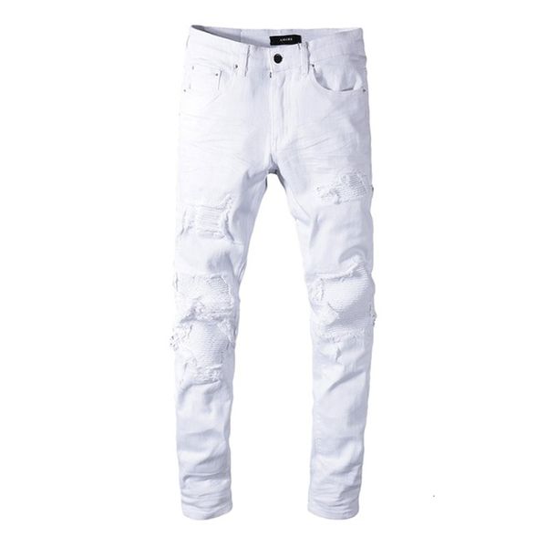 

2021 new men's male fashion casual white stretch ripped biker jeans slim skinny pleated patchwork denim pants trousers r9jk, Blue