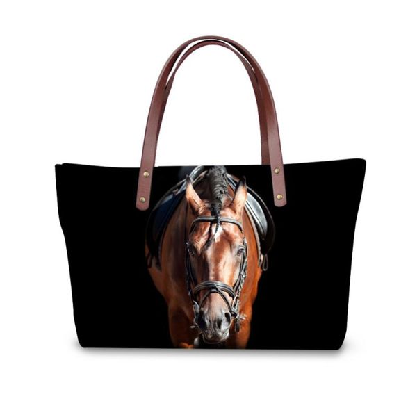 

заказная черные женщины сумка прохладных печатей животное лошадь плечо сумка для женщин повседневного женской tote топа-ручка сумки высокого