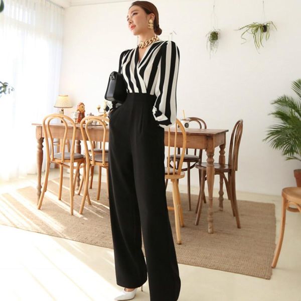 

2020 v-neck lantern long sleeved striped patchwork high waist belt loose wide leg overalls casual office jumpsuits, Black;white
