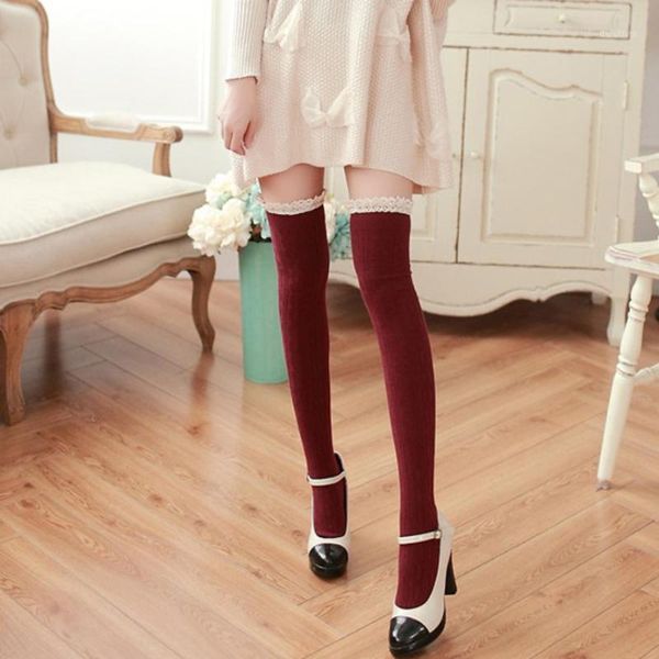 

women lace winter over knee leg warme fashion soft knitting crochet sock elastic moistureproof women's sokken meias1, Black;white