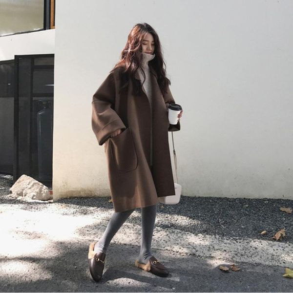 

women's woolen coat autumn new loose long outwear overcoat, Black