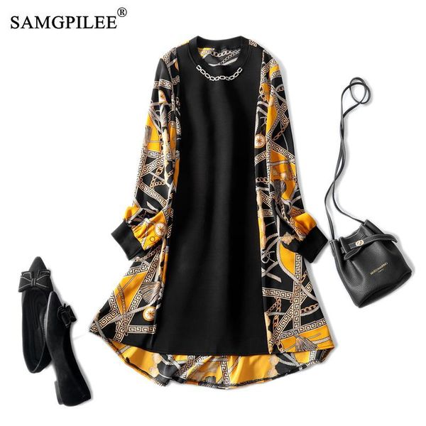 

woman dress 2021 new office lady a-line patchwork full sleeve plus size korean fashion clothing empire o-neck dresses for women, Black;gray