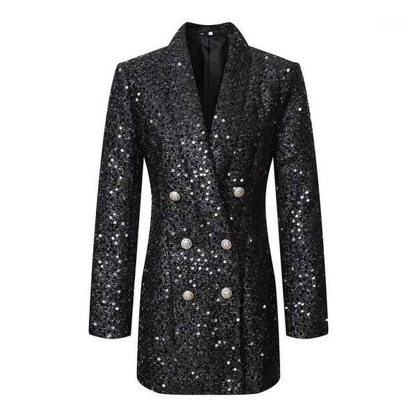 

women shawl lapel shiny sequins suit jacket female double-breasted long coat slim fit black autumn new fashion elegant blazers1, White;black