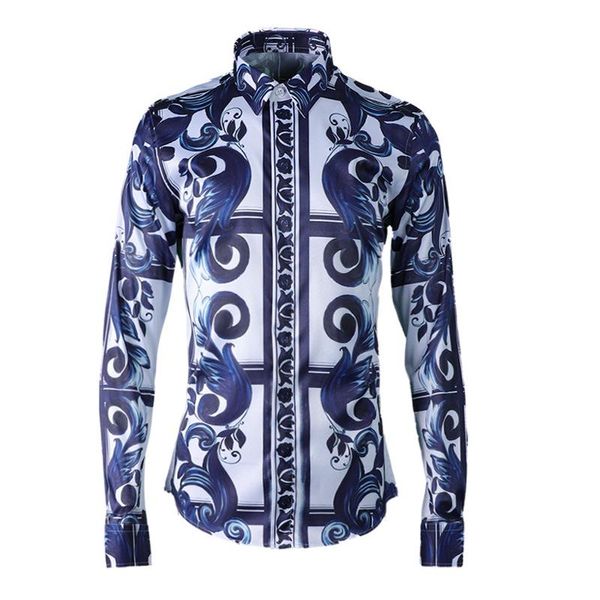 

minglu мужские рубашки роскоши allover printing tide classic mens пластинские рубашки плюс размер 4xl повседневная печать с длинным рукавом, White;black