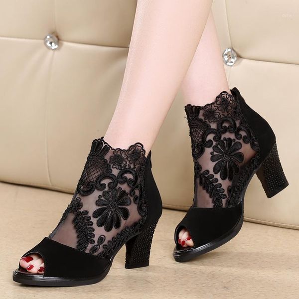 

summer mesh peep toe sandals high heels 7 cm single pumps shoes women shoes europe and america lace fish mouth gauze mujer1, Black
