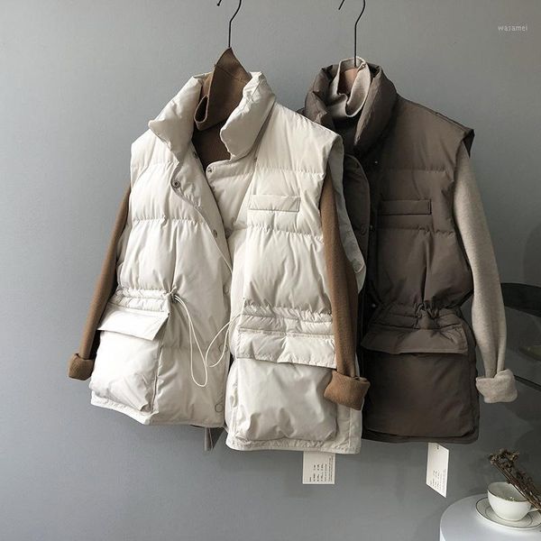

2021 winter women's solid colour loose vest drawstring stand collar vest cotton padded windproof warm waistcoat1, Black;white