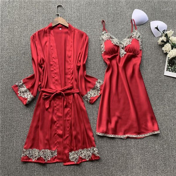 

female intimate lingerie 2pcs nighty&robe suit satin silky sleepwear kimono bathrobe gown bride bridesmaid wedding robe1, Black;red