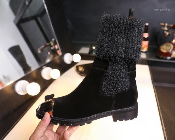 

metal round toe sock boots woman bow tie women shoes suede women ankle boots brand designer short booties autumn botas feminina1, Black