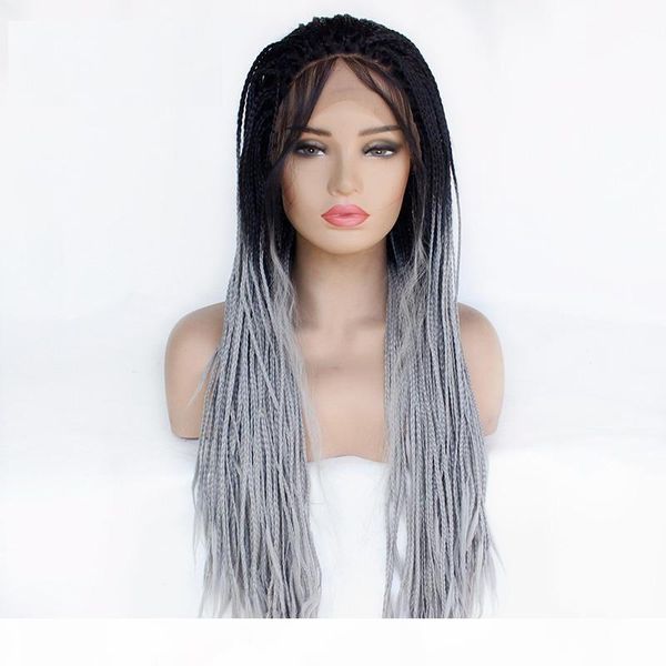 

silver grey synthetic lace front braided wig high temperature fiber heat resistant glueless lacefront ombre braided wigs for white women, Black