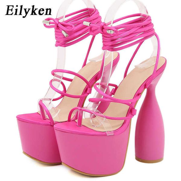 

2022 classic luxury pvc transparent strappy chunky heels fashion pinch peep toe ankle cross lace-up platform sandals women shoes paris desig, Black