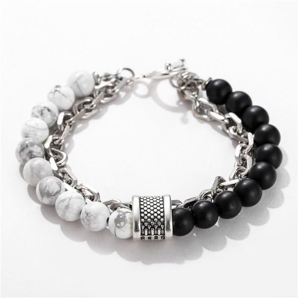 

charm bracelets natural 8mm map tiger eye howlite stone men's beaded bracelet stainless steel chain link bangle male jewelry, Golden;silver