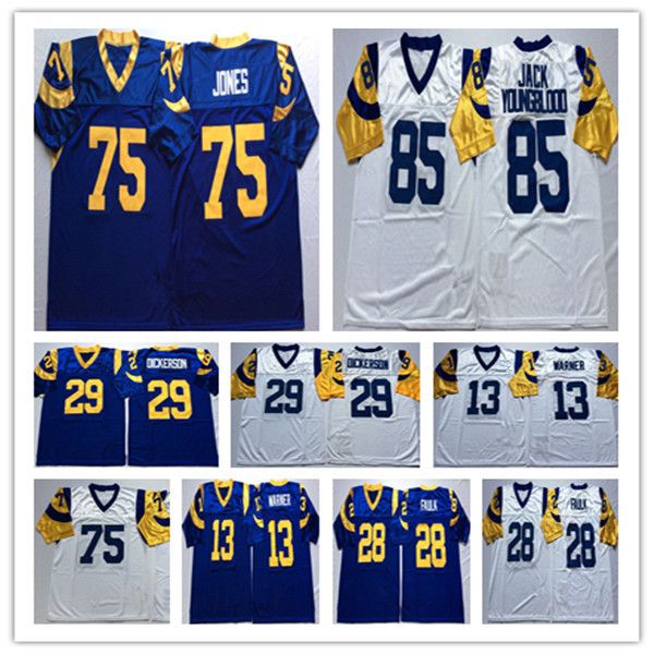 

ncaa men retired 29 eric dickerson 13 kurt warner 28 marshall faulk jersey 85 jack youngblood 75 deacon jones retro football jersey, Black