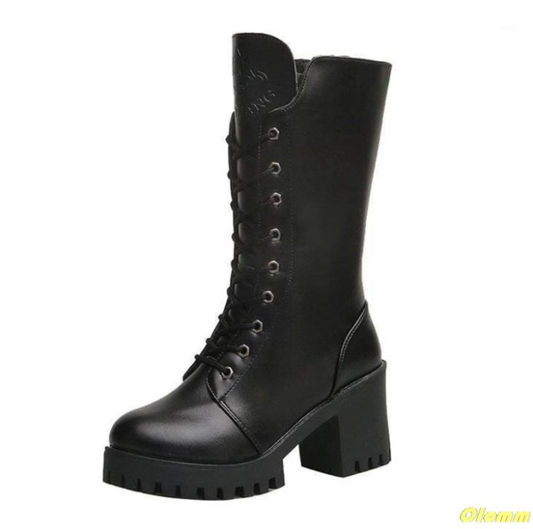 

boots 2021 winter autumn high women fashion black square heel woman leather shoes pu large size 411