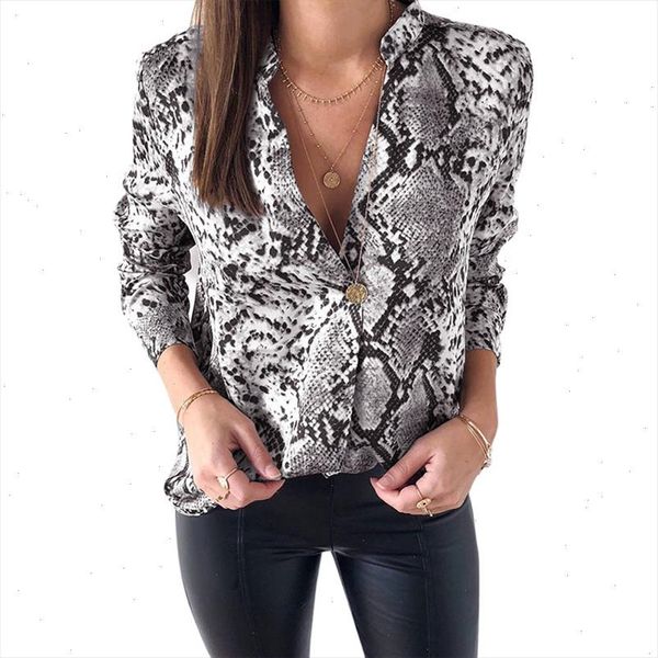 

women snake skin print silk blouse women shirts long sleeve female tunic vintage fall casual satin blouses, White
