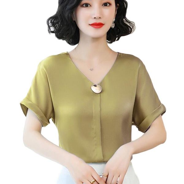 

women's blouses & shirts chiffon blouse women summer short sleeve v-neck fashion office work plus size 4xl camisas mujer, White