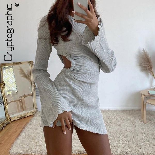 

cryptographic autumn draped flare sleeve cut-out mini dresses knitting round neck ruched dress skinny chic casual streetwear, Black;gray